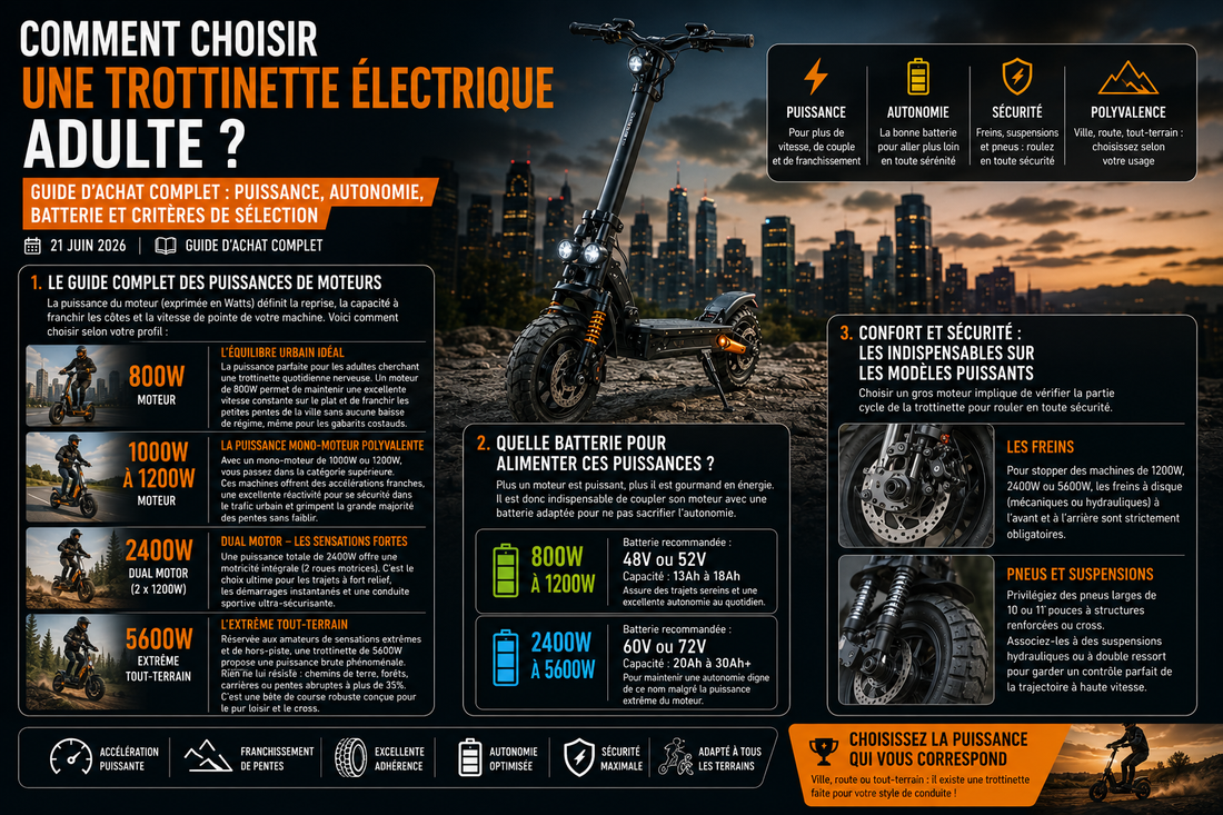 Guide d’achat complet pour choisir une trottinette électrique adulte selon la puissance du moteur, l’autonomie, la batterie, les freins, les suspensions et les critères essentiels de sélection.