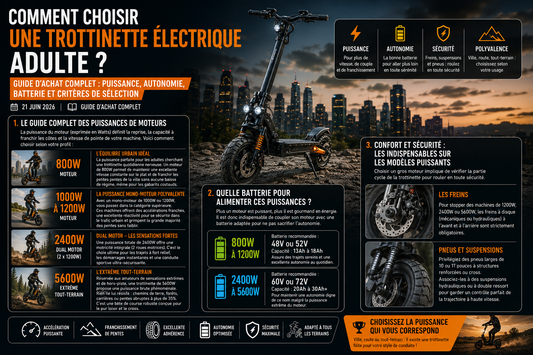 Guide d’achat complet pour choisir une trottinette électrique adulte selon la puissance du moteur, l’autonomie, la batterie, les freins, les suspensions et les critères essentiels de sélection.