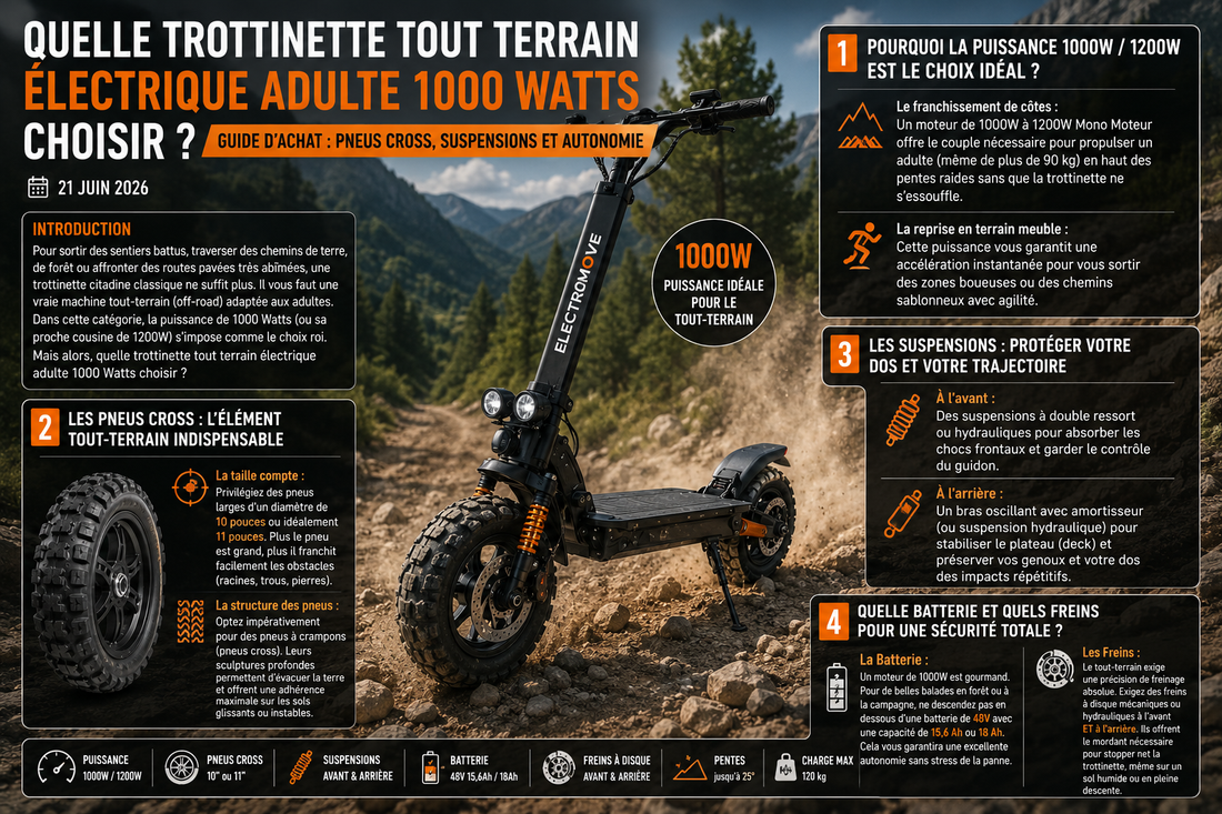 Guide d’achat complet pour choisir une trottinette électrique tout-terrain adulte 1000W avec pneus cross, suspensions renforcées, batterie longue autonomie et freins à disque pour les chemins difficiles.