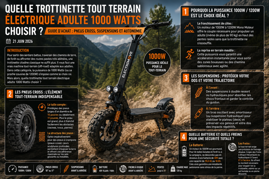 Guide d’achat complet pour choisir une trottinette électrique tout-terrain adulte 1000W avec pneus cross, suspensions renforcées, batterie longue autonomie et freins à disque pour les chemins difficiles.