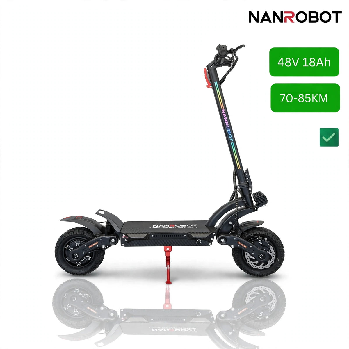Vue avant de la trottinette électrique Nanrobot LS7 avec double phare LED puissant et pneu cross.
