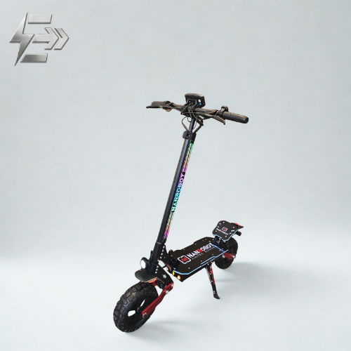 Gros plan sur la roue arrière de la Nanrobot D4 avec bras oscillant rouge, suspension et frein à disque.