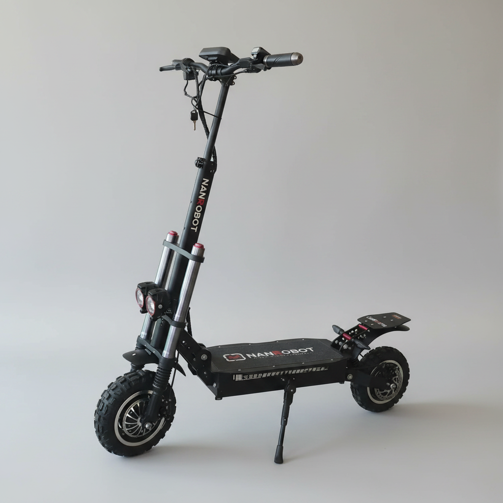 Black electric scooter with 'Nanrobot' branding on a light gray background