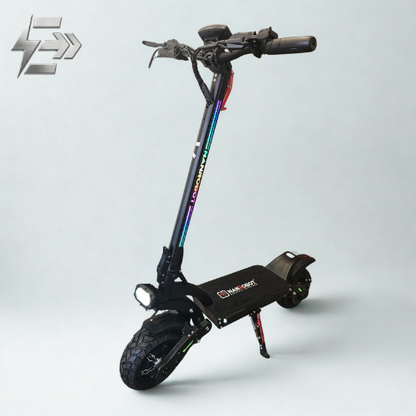 Trottinette électrique Nanrobot LS7 48V noire vue de dessus avec large deck antidérapant et béquille rouge.